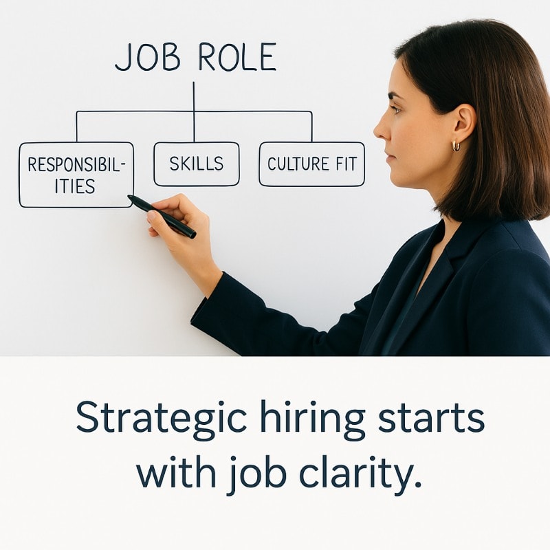 A professional woman in a navy blazer writes on a whiteboard diagram labeled "JOB ROLE" with branches for "RESPONSIBILITIES," "SKILLS," and "CULTURE FIT." Below the whiteboard, the caption reads: "Strategic hiring starts with job clarity."