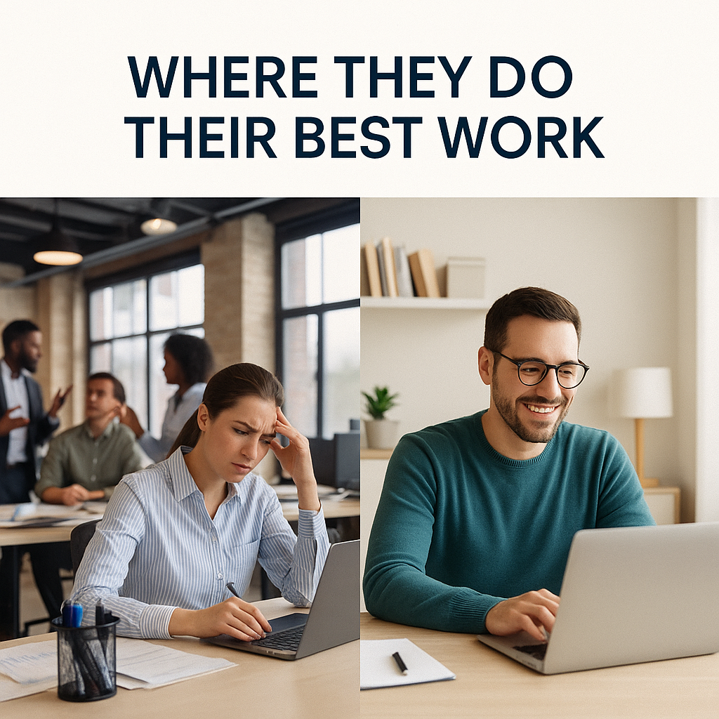 Split-screen photo comparing two work environments: on the left, a stressed woman sits in a noisy open office; on the right, a smiling man works calmly from a quiet home office, illustrating how different candidates thrive in different settings.