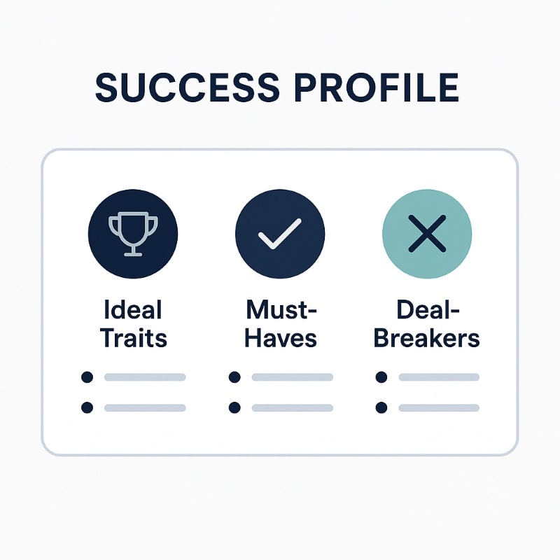 Graphic titled 'Success Profile' displaying three columns labeled Ideal Traits, Must-Haves, and Deal-Breakers. Each column includes a minimalist icon (trophy, checkmark, and X) and two bullet points beneath, all set on a clean white background with navy and teal accents.