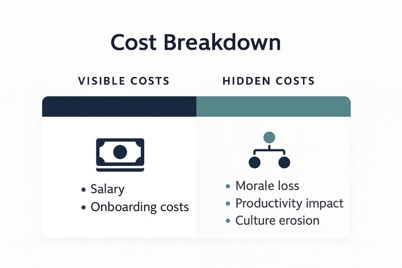 A clean, professional infographic titled “Cost Breakdown” on a light gray background. The graphic is divided into two sections: “Visible Costs” on the left with a navy header and a dollar bill icon, listing “Salary” and “Onboarding costs”; and “Hidden Costs” on the right with a teal header and a team hierarchy icon, listing “Morale loss,” “Productivity impact,” and “Culture erosion.” The design uses OAD brand colors and minimalist icons for clarity.