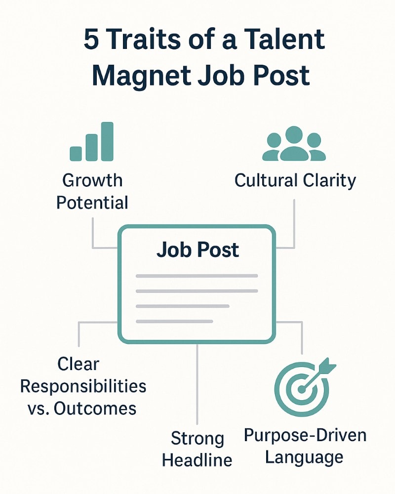 A clean infographic titled "5 Traits of a Talent Magnet Job Post" on a light gray background. At the center is a simplified job post graphic with five labeled traits radiating outward, each paired with a teal icon: Growth Potential (bar chart icon), Cultural Clarity (group of people icon), Clear Responsibilities vs. Outcomes (checklist icon), Strong Headline (bold text icon), Purpose-Driven Language (bullseye with arrow icon). The design uses modern sans-serif typography and a balanced layout to highlight what makes a job post attractive to top talent.