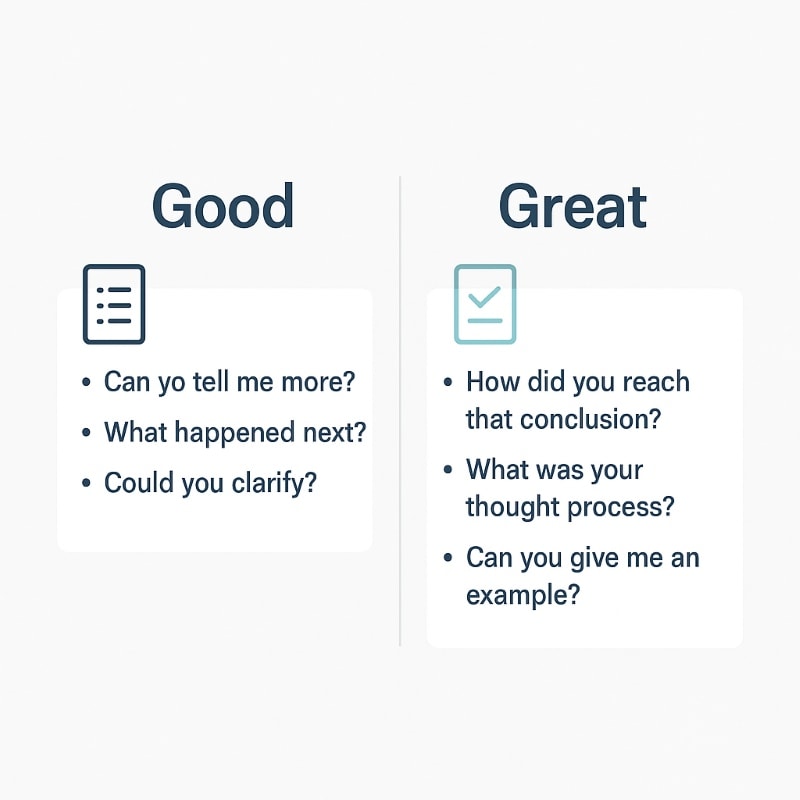 "A minimalist infographic comparing 'Good' vs. 'Great' follow-up interview questions. The 'Good' column on the left includes basic prompts like 'Can you tell me more?' and 'Could you clarify?'. The 'Great' column on the right features deeper, more analytical questions such as 'What was your thought process?' and 'Can you give me an example?'. Each section is marked with a simple icon—notes for 'Good' and a checkmark for 'Great'. The design uses a white background, navy and teal accents, and clean sans-serif typography consistent with OAD’s professional branding."