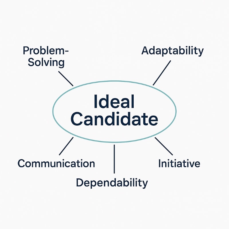Minimalist digital mind map labeled 'Ideal Candidate' in bold navy blue text at the center of a soft teal oval. Six traits—Integrity, Adaptability, Initiative, Dependability, Communication, and Problem-Solving—are connected to the center with clean navy lines, set against a white background in a modern, professional style.