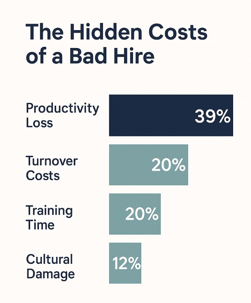 A minimalist bar chart infographic titled “The Hidden Costs of a Bad Hire.” It features four horizontal bars labeled: Productivity Loss (39%), Turnover Costs (29%), Training Time (20%), and Cultural Damage (12%). Each bar is a different shade of navy or teal, arranged vertically on a light background, with clear sans-serif typography for strong readability. The design is clean and professional, matching OAD’s brand aesthetic.
