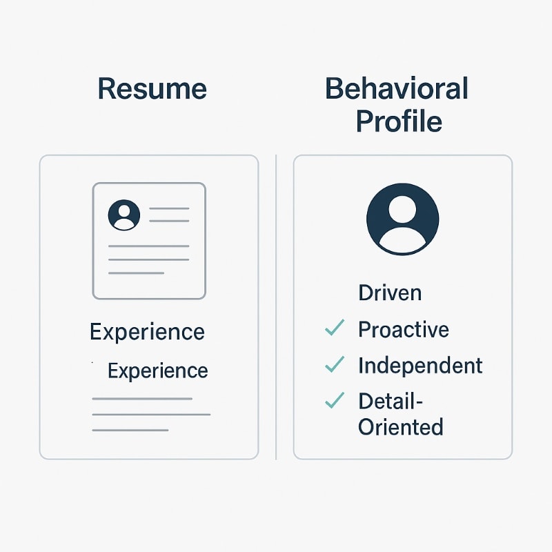 "A side-by-side comparison infographic labeled 'Resume' on the left and 'Behavioral Profile' on the right. The resume section shows a generic icon with the word 'Experience' repeated, representing work history. The behavioral profile section lists four traits—Driven, Proactive, Independent, and Detail-Oriented—each marked with a soft teal checkmark. The layout is minimalist with navy and teal accents, rounded boxes, and clear sans-serif typography on a light gray background, reflecting OAD’s professional aesthetic." ChatGPT fragen