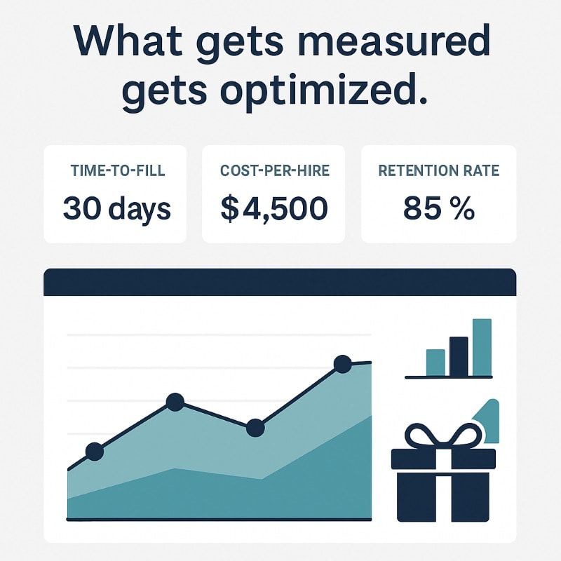 Infographic displaying key hiring KPIs on a clean dashboard-style layout. The top section features the caption: 'What gets measured gets optimized.' Below, three white boxes highlight metrics: TIME-TO-FILL (30 days), COST-PER-HIRE ($4,500), and RETENTION RATE (85%). A line chart with data points, a bar graph, and a gift icon in navy and teal reinforce the performance tracking theme on a soft gray background.