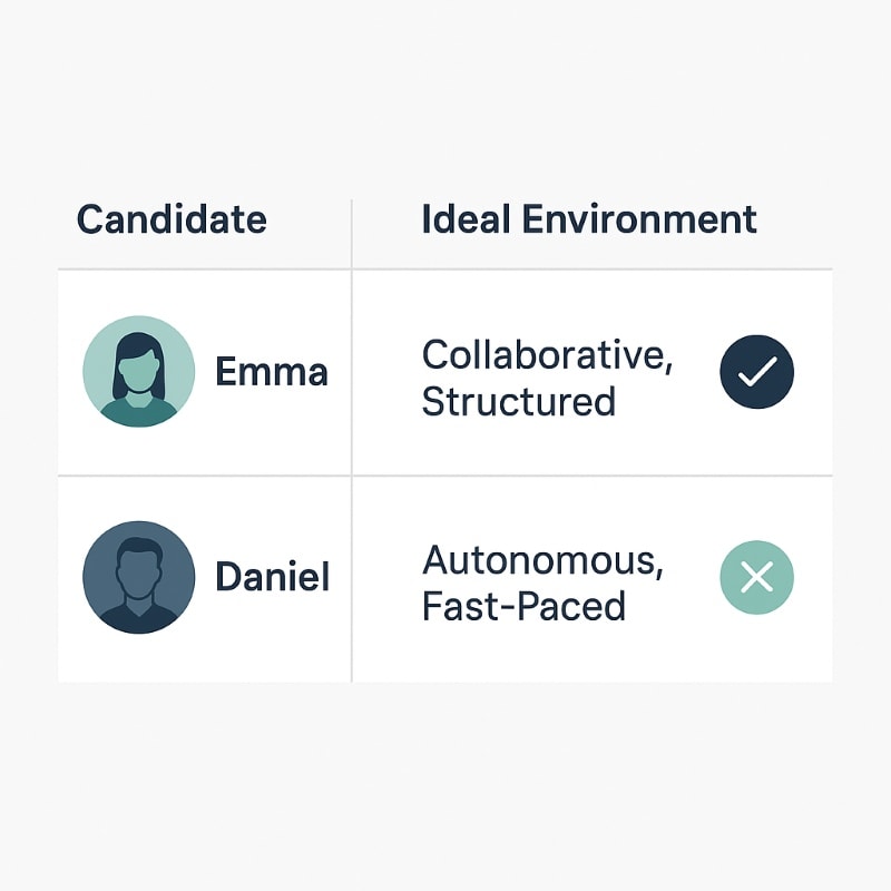 "A two-column comparison table showing two fictional candidates, Emma and Daniel, alongside their ideal work environments. Emma prefers a 'Collaborative, Structured' setting and is marked with a navy checkmark, indicating alignment. Daniel prefers an 'Autonomous, Fast-Paced' environment and is marked with a teal X, indicating a mismatch. Simple icons represent each candidate. The design uses a clean, minimalist layout with a white background and a navy, charcoal, and soft teal color palette."