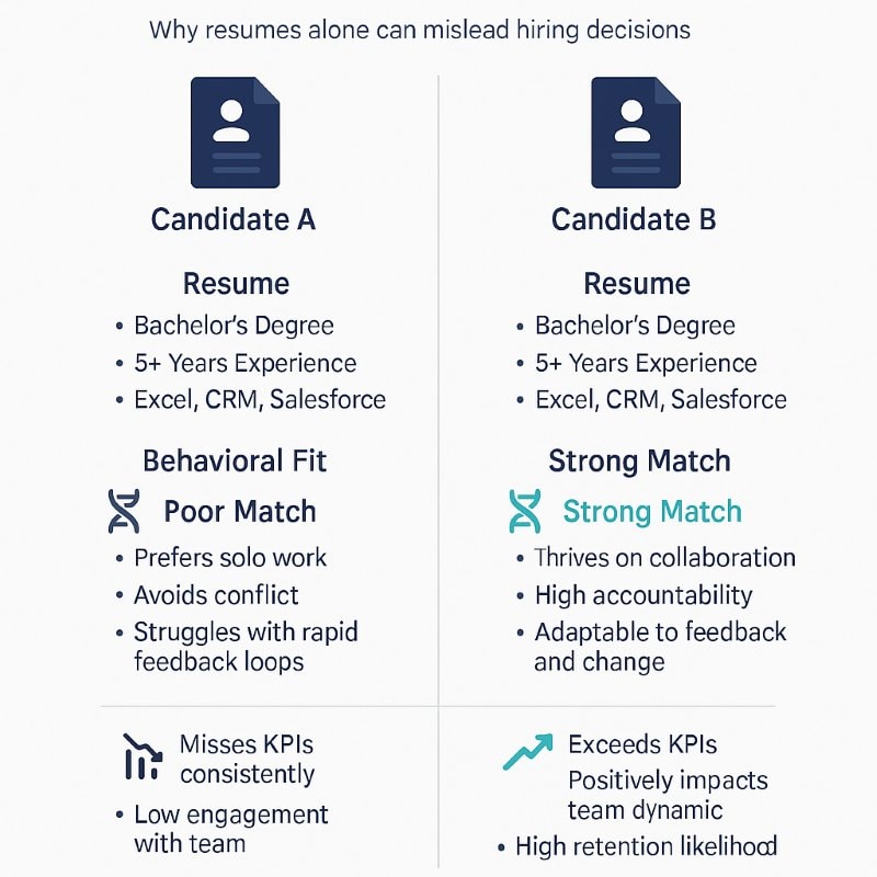Side-by-side infographic titled “Resume vs. Behavioral Fit” comparing two job candidates with identical resumes but different behavioral profiles. Candidate A shows poor behavioral fit and underperforms, while Candidate B demonstrates strong fit and excels. Highlights the importance of behavioral data in hiring decisions beyond resume qualifications.
