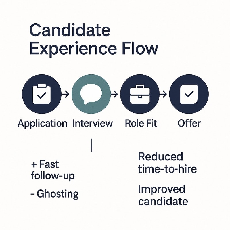 A horizontal infographic titled “Candidate Experience Flow” with four stages: Application, Interview, Role Fit, and Offer. Each stage is represented by a simple icon in navy or teal. Below the flow are experience indicators: “+ Fast follow-up” and “– Ghosting,” and benefits like “Reduced time-to-hire” and “Improved candidate.”