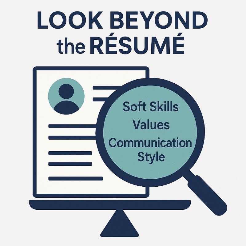 A flat-style digital illustration titled “Look Beyond the Résumé” shows a résumé icon on a computer screen. A magnifying glass hovers over the document, revealing hidden traits: “Soft Skills,” “Values,” and “Communication Style.” The design emphasizes the importance of assessing behavioral insights beyond what’s listed on paper, using a clean palette of navy blue and soft teal on a light gray background.