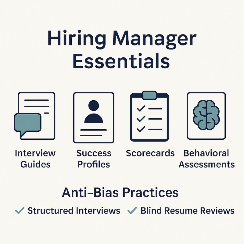A modern infographic titled “Hiring Manager Essentials” displays four key tools, each with a minimalist icon and label: Interview Guides (speech bubble and document), Success Profiles (profile icon), Scorecards (clipboard with checkmarks), and Behavioral Assessments (brain icon). Below, a secondary section labeled “Anti-Bias Practices” lists Structured Interviews and Blind Resume Reviews with teal checkmarks.