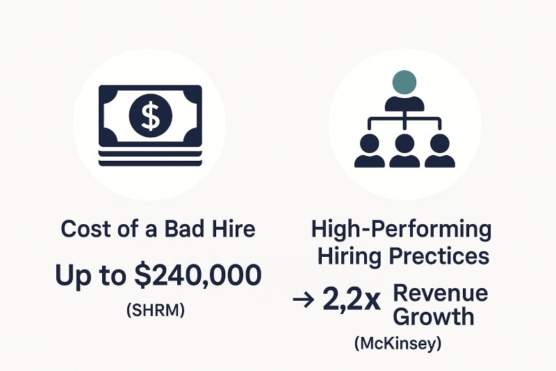A clean, minimalist infographic with two circular sections on a light gray background. The left side shows a dark navy icon of a dollar bill stack with the text: “Cost of a Bad Hire – Up to $240,000 (SHRM).” The right side features an icon of a team hierarchy chart with a teal accent and the text: “High-Performing Hiring Practices → 2.2x Revenue Growth (McKinsey).” Designed in OAD’s brand colors of navy, charcoal, and soft teal.