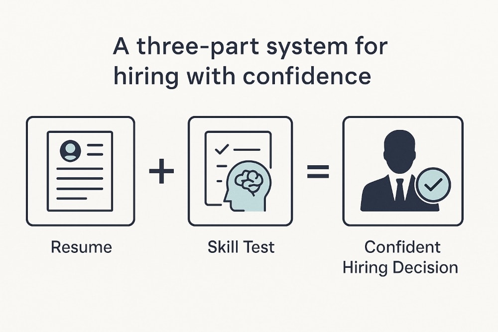 Minimalist flowchart illustrating a three-part hiring system. Three outlined icons in a row show: a resume, a skill test with a brain symbol, and a businessperson with a checkmark. The resume and skill test are connected by a plus sign, leading to the final icon via an equals sign. Above, the caption reads: 'A three-part system for hiring with confidence.' The design uses deep navy, charcoal, and soft teal on a light gray background.