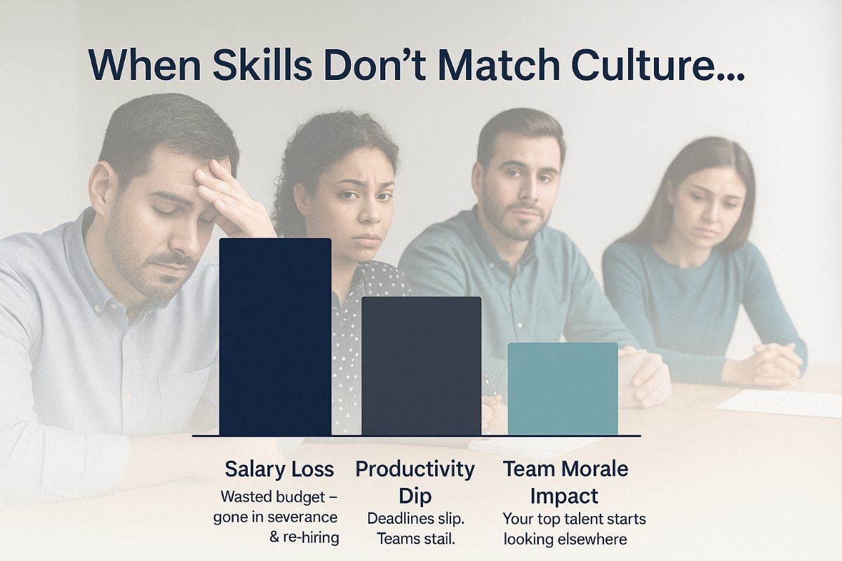 A professional workplace photo of four visibly stressed employees sits in the background. Overlaid is a bar chart titled “When Skills Don’t Match Culture…” showing the cost of a bad hire with three labeled bars: “Salary Loss – Wasted budget, gone in severance & re-hiring,” “Productivity Dip – Deadlines slip. Teams stall,” and “Team Morale Impact – Your top talent starts looking elsewhere.” The visual emphasizes the emotional and financial toll of poor culture fit in hiring.