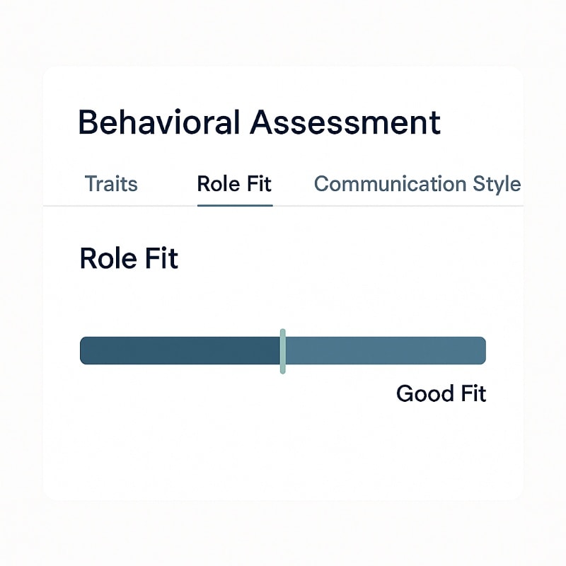 Clean, modern mockup of a behavioral assessment dashboard with three navigation tabs: Traits, Role Fit (highlighted), and Communication Style. Below, a labeled 'Role Fit' section features a horizontal bar with a soft teal indicator showing alignment toward the right end, marked as 'Good Fit.' The design uses a white background, navy text, and soft teal accents in a minimalist style.