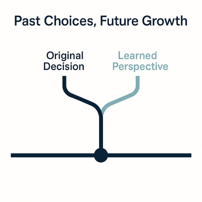 Minimalist diagram of a timeline that splits into two branches labeled ‘Original Decision’ and ‘Learned Perspective,’ illustrating how a past career choice led to personal or professional growth.