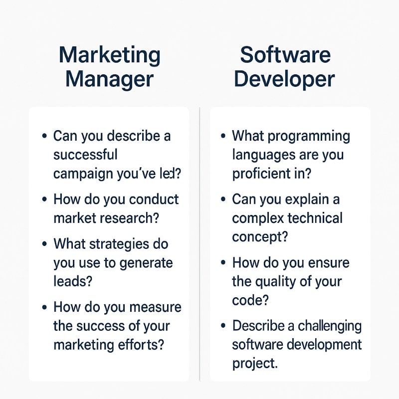 "A side-by-side infographic comparing tailored interview questions for two roles: Marketing Manager on the left and Software Developer on the right. Each column features four bullet-point questions in dark gray sans-serif text. Marketing questions include topics like campaign success and lead generation, while developer questions cover programming languages and code quality. The layout is minimalist with bold navy headings and a light gray background, maintaining OAD’s clean, professional brand aesthetic."