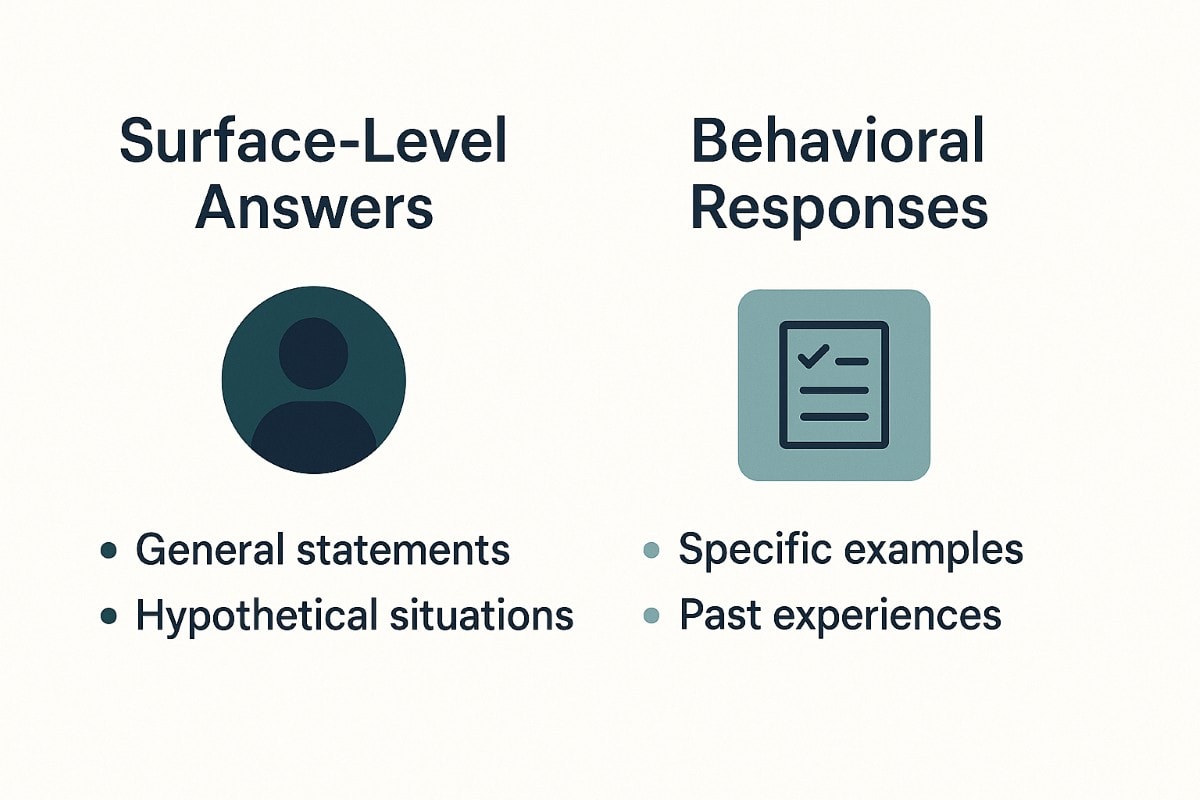 Side-by-side infographic comparing "Surface-Level Answers" and "Behavioral Responses." The left side features a person icon with bullet points for “General statements” and “Hypothetical situations.” The right side displays a checklist icon with bullet points for “Specific examples” and “Past experiences.” Design uses a minimalist navy and teal color scheme on a clean white background.