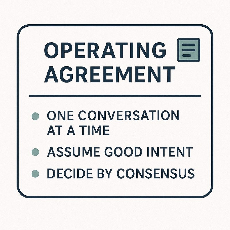 Flat-style graphic of a digital sign titled 'Operating Agreement,' listing three team ground rules: 'One conversation at a time,' 'Assume good intent,' and 'Decide by consensus.' Each rule is marked with a teal bullet point, using a navy, teal, and light gray color palette on a clean, modern layout.