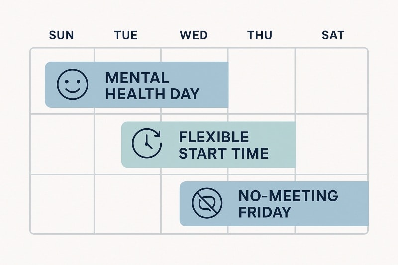 A clean, flat-style weekly calendar infographic with wellness initiatives labeled across the week. “Mental Health Day” appears on Tuesday with a smiley face icon, “Flexible Start Time” on Wednesday with a clock icon, and “No-Meeting Friday” with a no-symbol icon. The layout uses soft teal and navy blue tones on a white background, visually highlighting Gen Z–friendly workplace practices that normalize flexibility and mental health support.