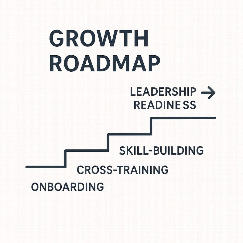 Minimalist staircase-style graphic labeled 'Growth Roadmap,' showing five ascending steps: Onboarding, Cross-Training, Skill-Building, Stretch Assignments, and Leadership Readiness. An arrow points upward, symbolizing employee development and career progression. Design uses navy text on a light background for clarity.