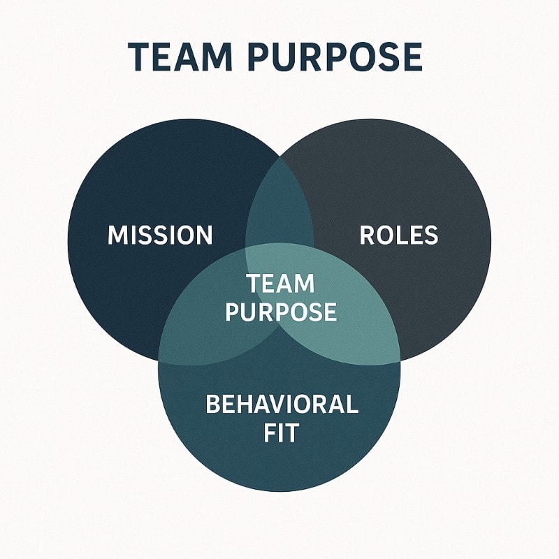 Minimalist Venn diagram with three overlapping circles labeled 'Mission,' 'Roles,' and 'Behavioral Fit,' highlighting their shared center as 'Team Purpose.' Designed in navy, teal, and charcoal tones on a light background to illustrate alignment in team building.