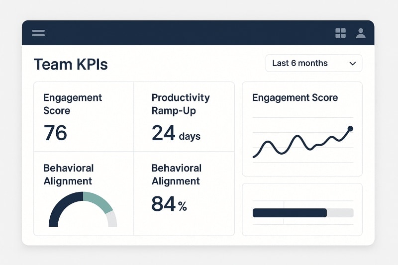 A modern digital dashboard displaying key team performance metrics: Engagement Score (76), Productivity Ramp-Up (24 days), and Behavioral Alignment (84%). The layout includes a line chart, progress bars, and a semi-circle gauge, all styled with a clean, minimalist design in navy, teal, and white — reflecting data-driven insights for HR and executive leadership.