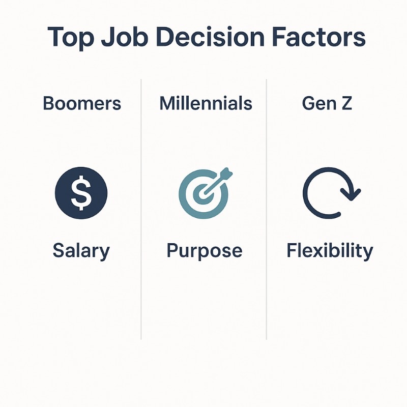 A clean, minimalist infographic titled "Top Job Decision Factors" showing a side-by-side comparison of Boomers, Millennials, and Gen Z. Each column lists one generation with a corresponding icon and priority: a dollar sign for Boomers labeled “Salary,” a target icon for Millennials labeled “Purpose,” and a circular arrow for Gen Z labeled “Flexibility.”