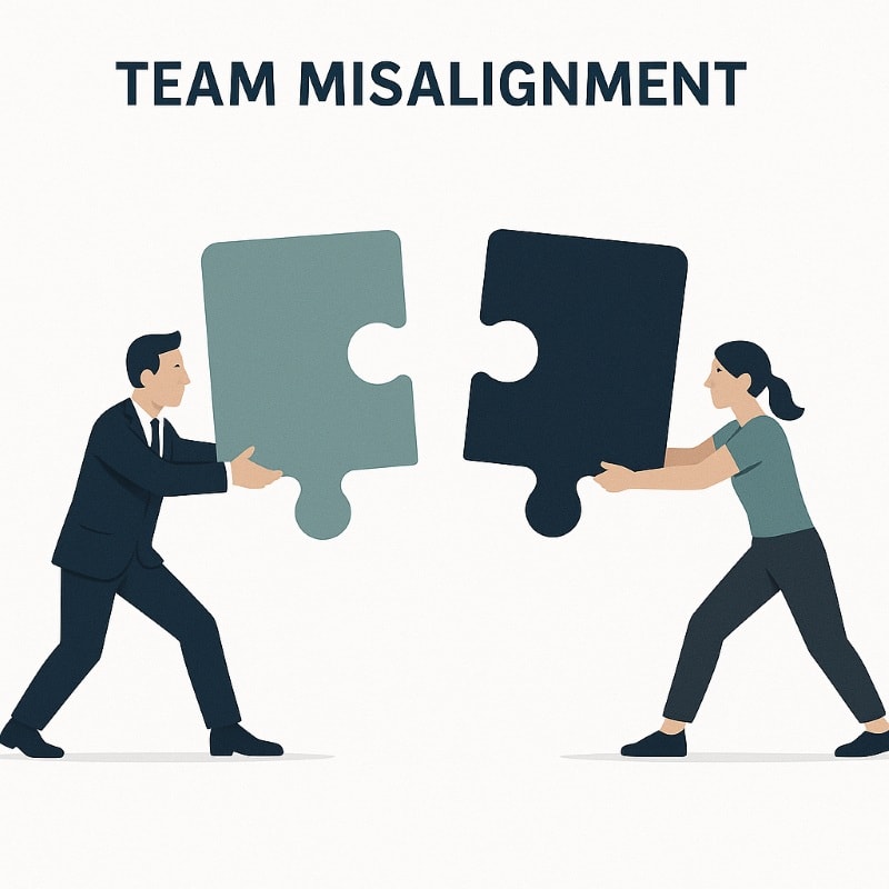 Minimalist illustration of a man and woman pulling separate puzzle pieces away from each other, symbolizing team misalignment. The header 'TEAM MISALIGNMENT' appears above, with a clean design in navy, teal, and charcoal tones on a light background.