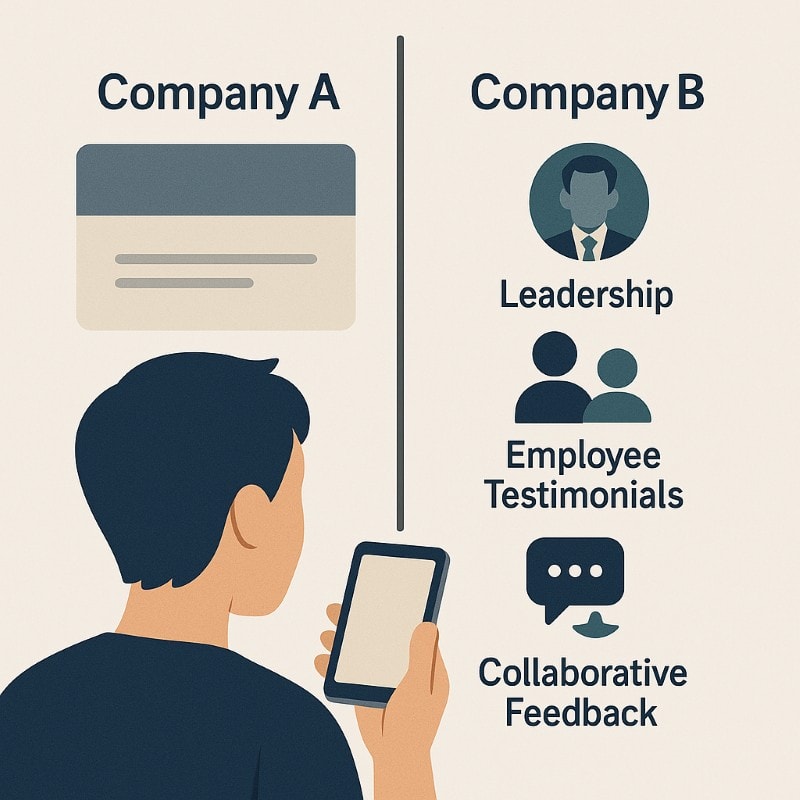 A split-screen digital illustration showing a Gen Z job seeker holding a smartphone and comparing two companies. On the left, “Company A” is represented with a vague, gray card and no details. On the right, “Company B” features icons for Leadership (person in suit), Employee Testimonials (two-person icon), and Collaborative Feedback (speech bubbles), visually emphasizing transparency and engagement. The layout uses clean lines and muted navy, teal, and beige tones to highlight the contrast between outdated and modern employer branding.