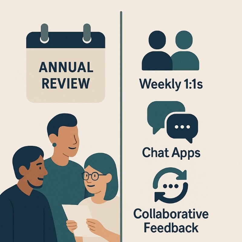 A split-screen infographic contrasting traditional and modern feedback approaches. The left side features a calendar icon labeled “Annual Review” with three employees talking below it. The right side lists modern feedback tools with corresponding icons: “Weekly 1:1s” (two-person icon), “Chat Apps” (speech bubbles), and “Collaborative Feedback” (circular arrows). The layout is clean and modern, using navy, teal, and beige tones to reflect the shift toward real-time, inclusive communication in today’s workplaces.