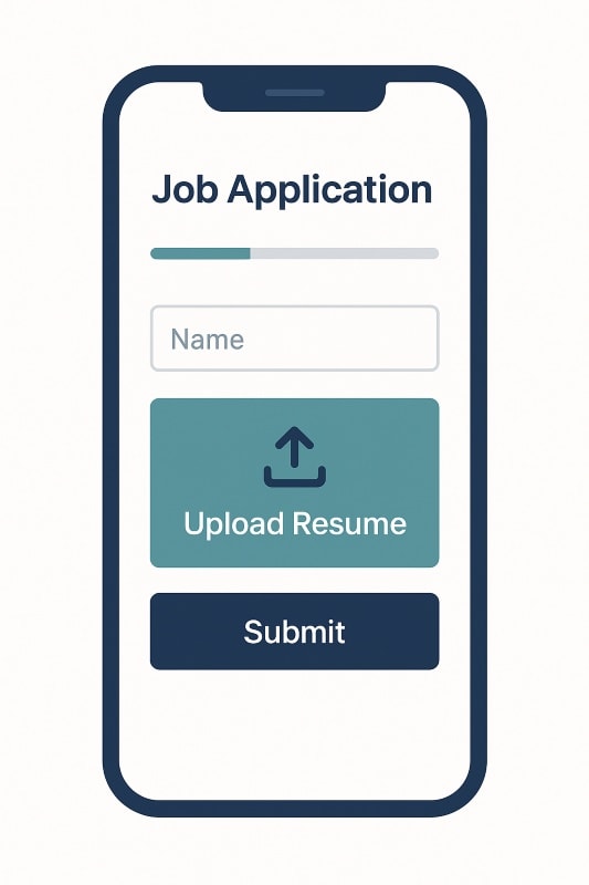 A minimalist flat-style smartphone mockup displaying a modern job application interface. The screen shows a simple three-step form: a progress bar at the top, a text field labeled “Name,” a large teal button labeled “Upload Resume” with an upward arrow icon, and a navy blue “Submit” button. The design uses clean lines, ample spacing, and OAD brand colors to emphasize mobile readiness and user-friendly UX—ideal for Gen Z candidates.