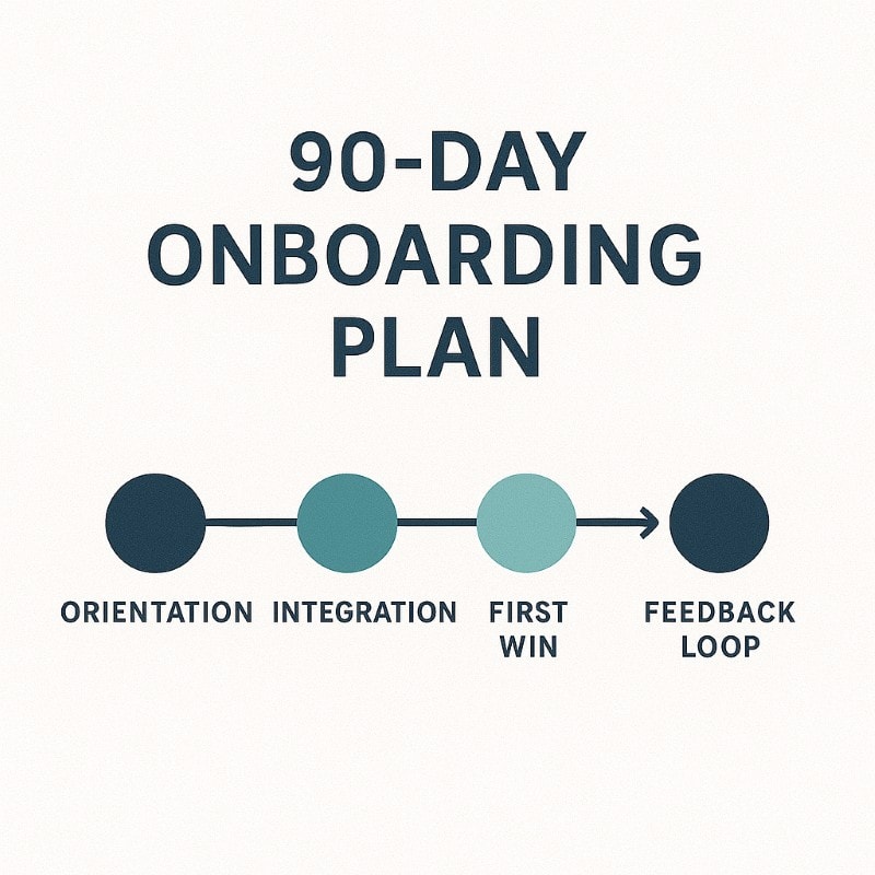 Horizontal timeline graphic titled '90-Day Onboarding Plan,' featuring four connected phases: Orientation, Integration, First Win, and Feedback Loop. Each phase is represented by a circular icon in varying shades of navy and teal, arranged left to right on a clean light background.
