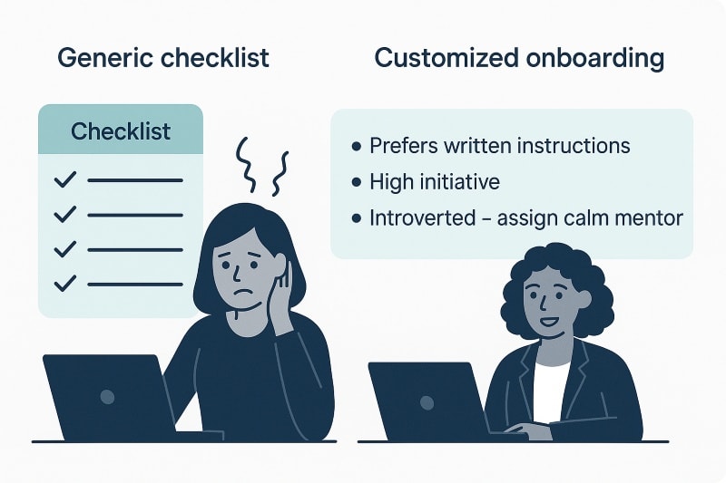 Side-by-side illustration comparing two onboarding approaches. On the left, a frustrated woman sits at a laptop in front of a generic checklist. On the right, a smiling woman sits at a laptop with a personalized onboarding plan that includes traits like 'Prefers written instructions,' 'High initiative,' and 'Introverted — assign calm mentor.' The style is clean, flat, and data-driven, using soft teal and navy tones on a light background.