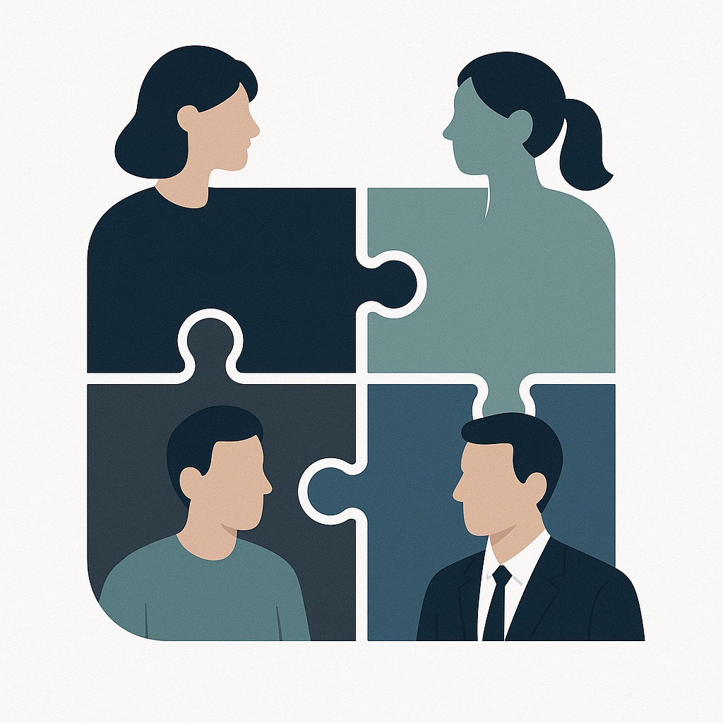 Abstract digital illustration of four diverse team members represented as interlocking puzzle pieces in navy, teal, and charcoal, symbolizing collaboration and strategic alignment.