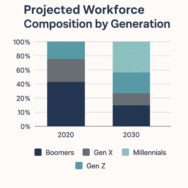 A minimalist bar chart titled "Projected Workforce Composition by Generation" comparing the workforce makeup in 2020 and 2030. Each bar is segmented to show the percentage of Boomers, Gen X, Millennials, and Gen Z. In 2020, Boomers and Gen X make up the majority. By 2030, Millennials and Gen Z represent a larger share, highlighting a generational shift. The design uses deep navy, charcoal, and soft teal tones on a light background.