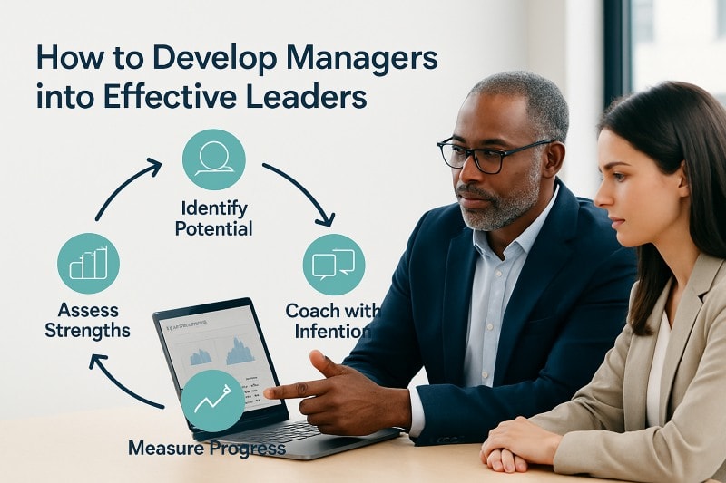 Business leader coaching a manager with data-driven leadership assessment results, illustrating the four-step process to develop managers into effective leaders: identify potential, assess strengths, coach with intention, and measure progress.