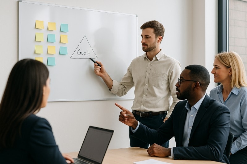 Business leaders in a modern office collaborating on a leadership development program, discussing goals with sticky notes and a whiteboard strategy session.
