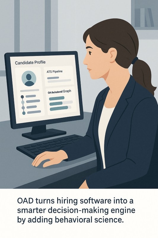 A hiring manager sits at a desk reviewing a candidate profile on a computer screen. The dashboard shows an ATS pipeline alongside an OAD behavioral graph, illustrating how behavioral science enhances hiring software for smarter decision-making.