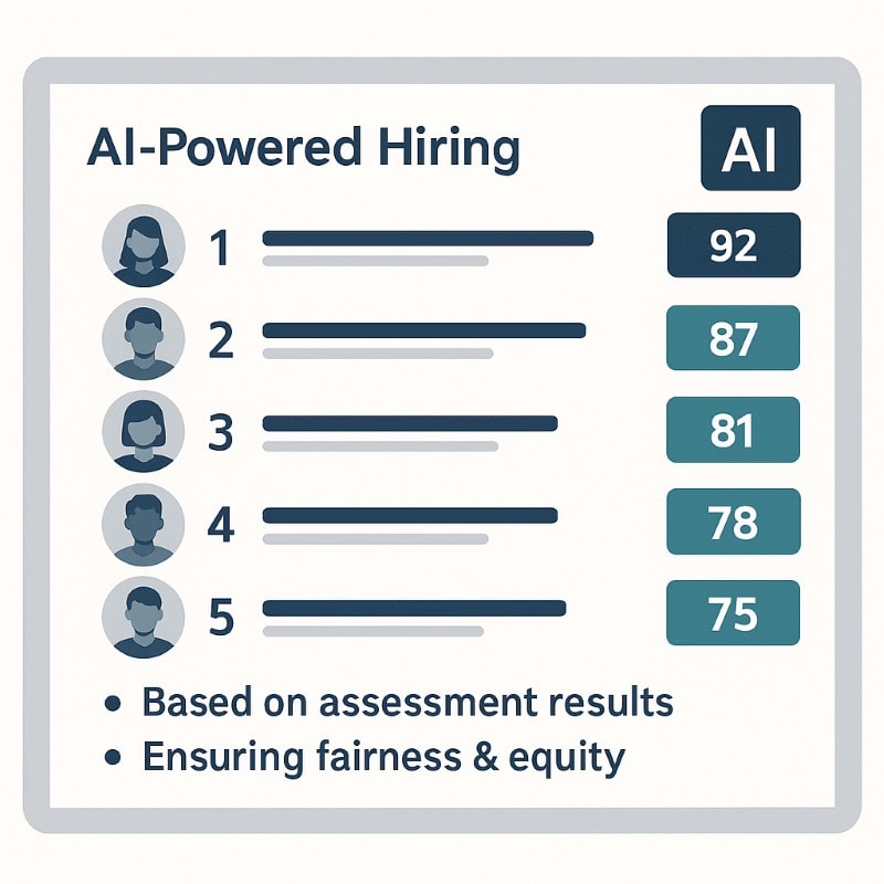 AI-powered hiring dashboard illustration showing candidates automatically ranked by score, based on assessment results, with notes on ensuring fairness and equity in recruitment.