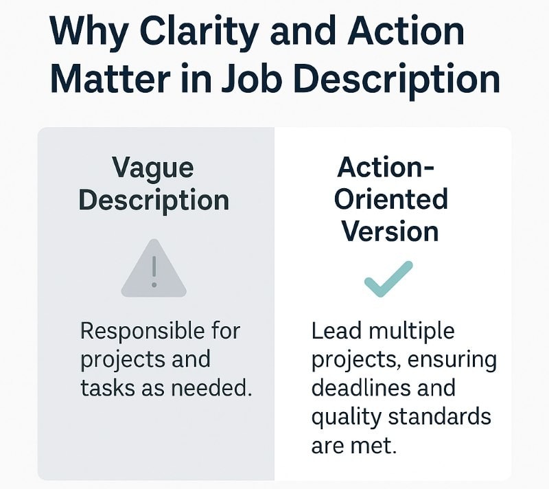 Infographic comparing vague versus action-oriented job descriptions. Left side shows vague text ‘Responsible for projects and tasks as needed.’ Right side shows clear, action-oriented text ‘Lead multiple projects, ensuring deadlines and quality standards are met.’ Emphasizes how clarity and action improve job descriptions.