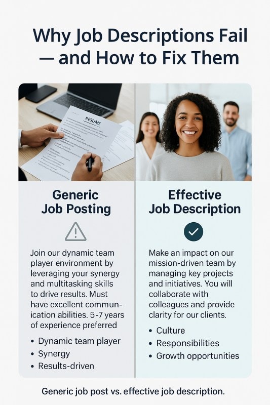 Side-by-side infographic comparing a generic job posting filled with jargon versus an effective job description that highlights culture, responsibilities, and growth opportunities. Professional workplace photos emphasize clarity and human connection in hiring.