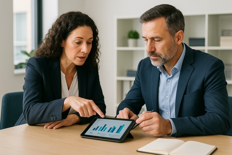Executive coach and business leader reviewing leadership assessment data on a tablet, demonstrating data-driven coaching for improved decision-making and development.