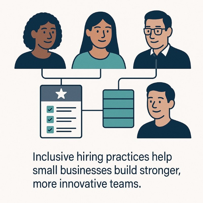Illustration of inclusive hiring practices with diverse candidates connected to standardized interview scorecards and an ATS pipeline. Caption: ‘Inclusive hiring practices help small businesses build stronger, more innovative teams.’
