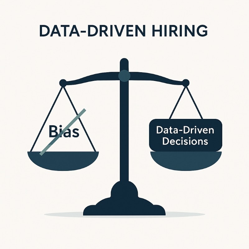 Balanced scale illustration contrasting bias versus data-driven decisions in hiring, with bias crossed out and data-driven decisions emphasized, symbolizing fair and objective recruitment practices.