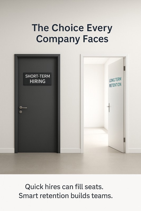 Minimalist office hallway with two doors side by side, symbolizing HR decisions. The closed gray door labeled “Short-Term Hiring” represents quick hires, while the open white door labeled “Long-Term Retention” with light streaming through represents sustainable employee retention and team growth.