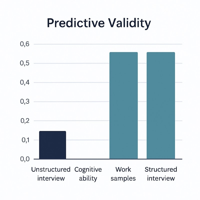 Bar chart comparing predictive validity of hiring methods: unstructured interview (0.14) vs. cognitive ability tests (0.51), work samples (0.54), and structured interviews (0.51), showing the effectiveness of data-driven assessments in predicting job performance.