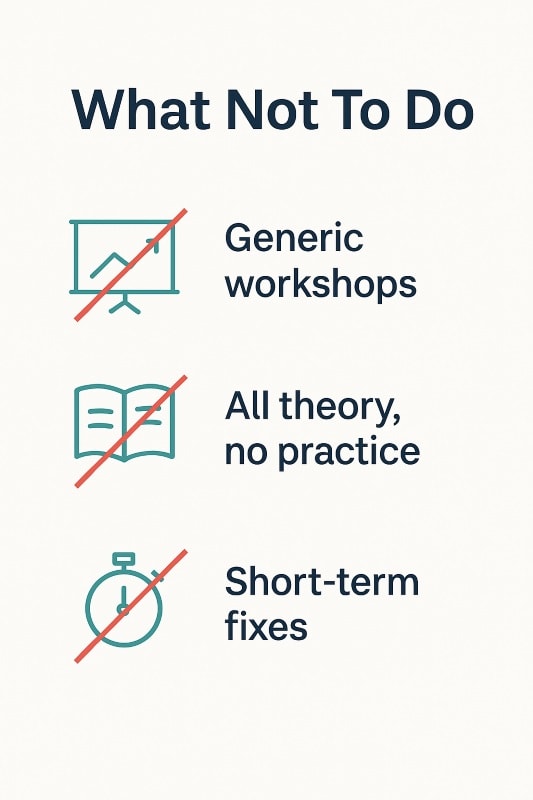 Infographic titled ‘What Not To Do’ showing a checklist of common leadership development pitfalls: generic workshops, all theory with no practice, and short-term fixes, each crossed out with red lines.