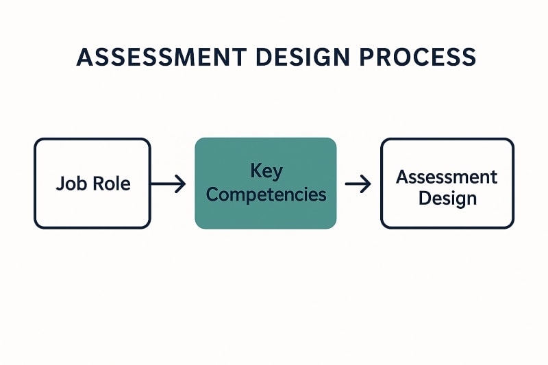 Flowchart illustrating the assessment design process in HR: starting with defining the job role, identifying key competencies, and developing assessment design for effective hiring.