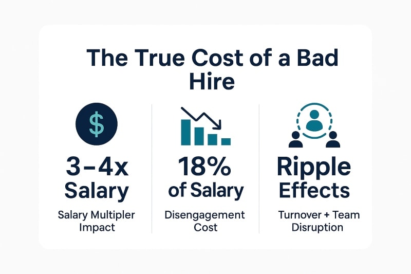 Infographic titled “The True Cost of a Bad Hire” showing three impacts: salary multiplier cost of 3–4x salary, disengagement cost at 18% of salary, and ripple effects including turnover and team disruption.